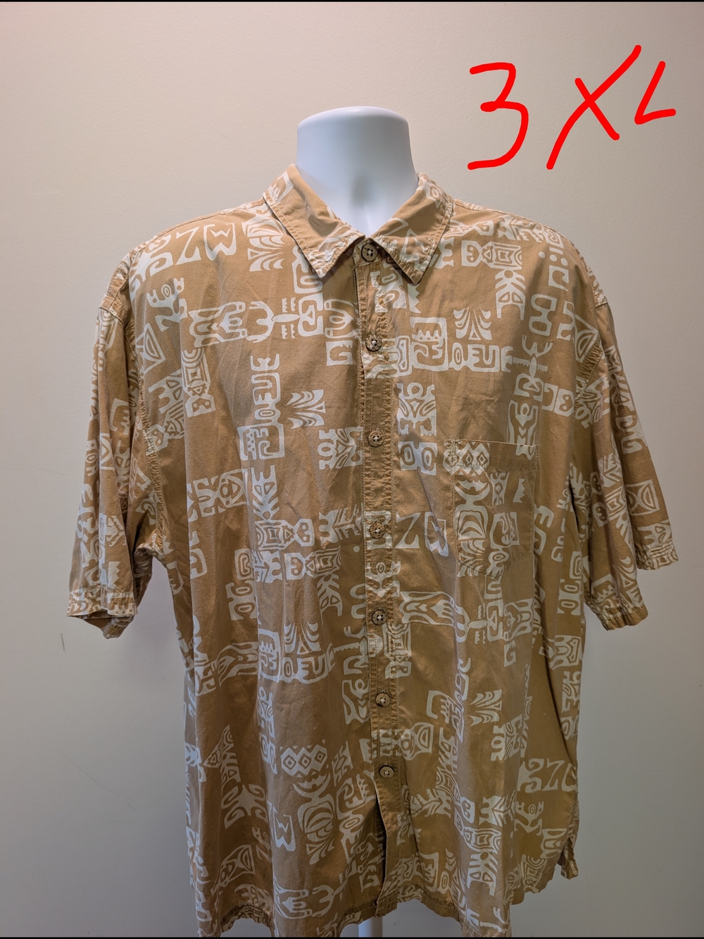 Men's Tan Short-Sleeve Button-Down Shirt with White Tribal Print